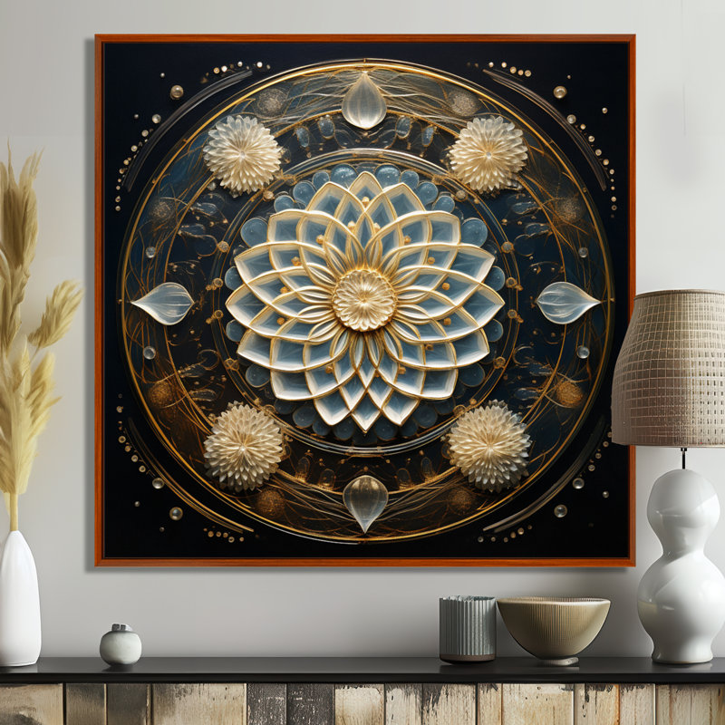 Fleur cosmique de la vie - art mural Mandala Boho, H 30 po x l 30 po x P 1 po, Toile avec cadre flottant brun