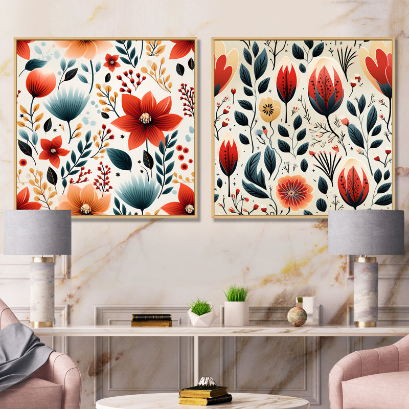 Harte - ensemble d'art mural en toile florale sur 2, Encadrement brun, H 30 po x l 61 po x P 1 po
