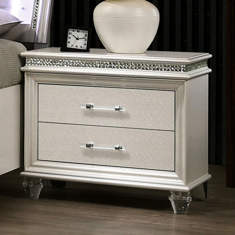 Table de chevet 2 chambres antique blanche avec intérieur en feutre et pieds en acrylique 2 tiroirs en bois massif moderne cristal