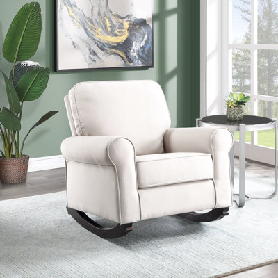 Chaise berçante en tissu beige avec siège à ressorts ensachés et pieds en bois, largeur de 20 po, profondeur de 21 po, hauteur de 23 po, plancher de 8 po avec accoudoirs, capacité de poids de 220 lb, tapis de couloir de 33 po, contreplaqué