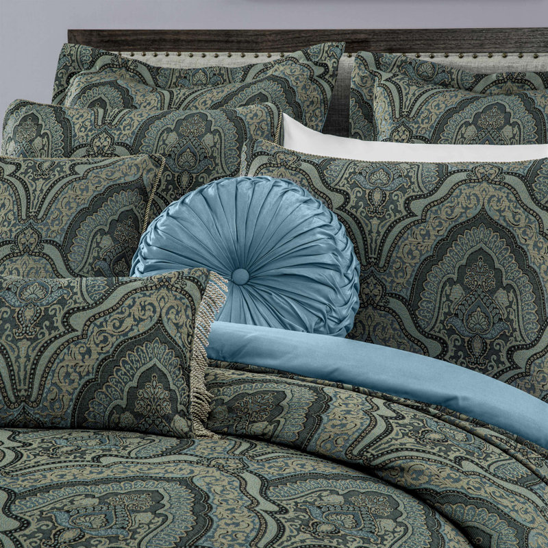Seville 9-Piece Medallion Paisley Jacquard Comforter Set, Blue/Gold, King Comforter + 8 Additional Pieces