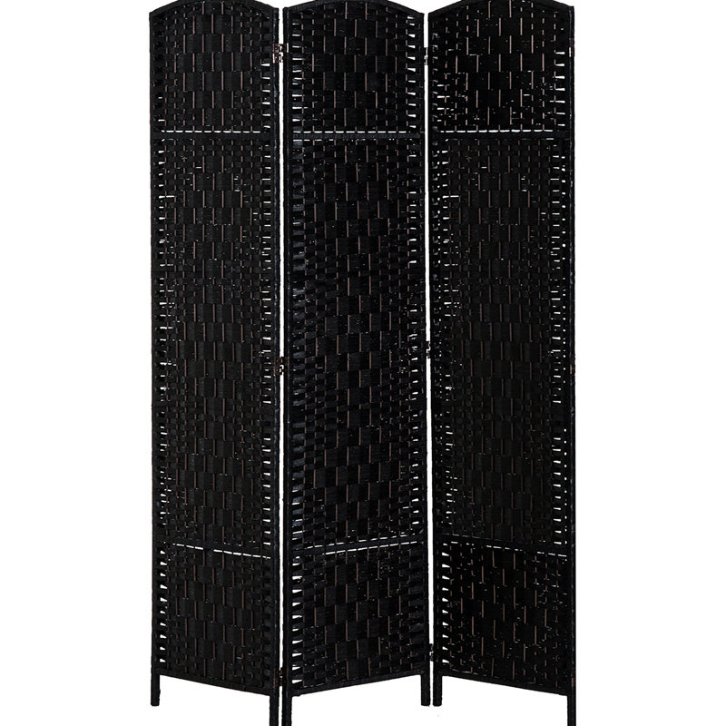 Paravent de 1,83 m de haut en tissu tissé noir. Élégant pour les appartements. Design artistique. 3 panneaux, pentures pratiques, cloison pliable et portable pour créer des espaces privés. Cadre en bois.