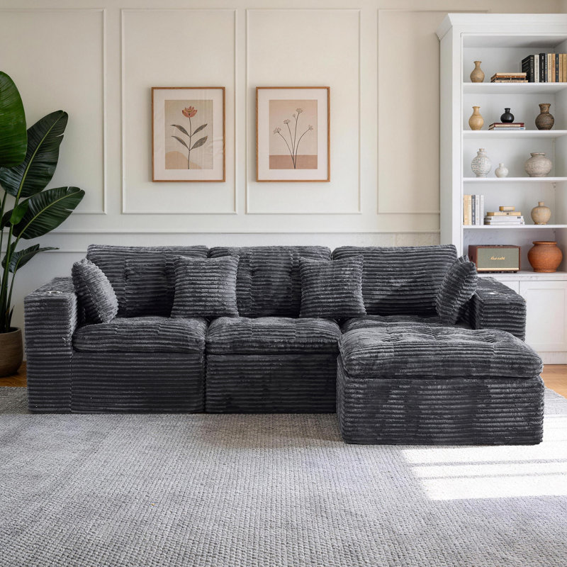 108.08 Inch Oversized Boneless Sectional Couch, Gery Modern L-Shaped Modular Sofa With Ottoman, Corduroy Upholstered Cloud-Like Deep Seating 3-Seater Furniture, No Assembly Needed For Living Room
