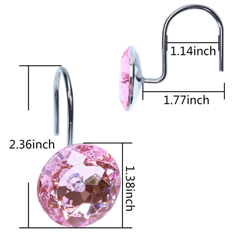 12 pièces de strass roses décoratifs crochets de rideau de douche en acier inoxydable antirouille crochets de rideau de douche en cristal acrylique pour salle de bain