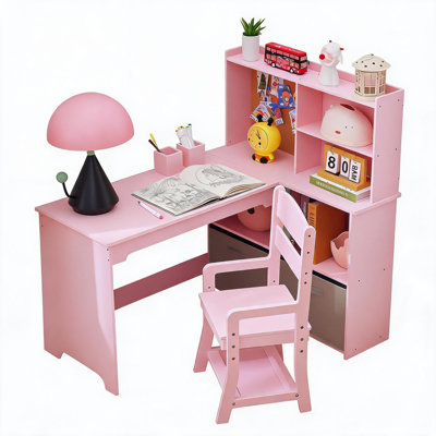 Ensemble Bureau et Chaise Ergonomique pour Enfants – Hauteur Réglable, Tiroir en Tissu, Bibliothèque, Tableau d’Affichage, Espace de Rangement – Parfait pour Étude, Lecture, Dessin – Couleur : Rose
