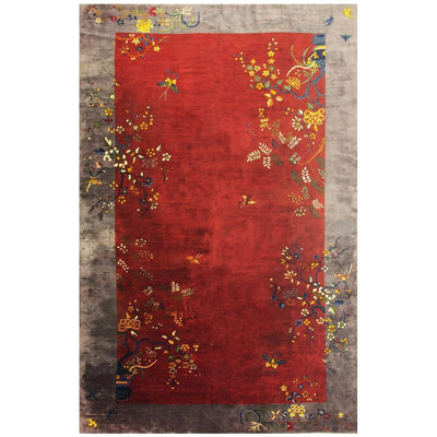 1920s Antique Vibrante Red Field Spray Floral Knotted Wool Chinese Art Deco Rug