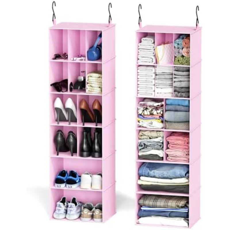 Ensemble de 2 organisateurs de placard suspendus et rangement avec séparateurs, 24 compartiments à chaussures suspendus pour placard, garde-robe, véhicule récréatif, étagère à vêtements - rose