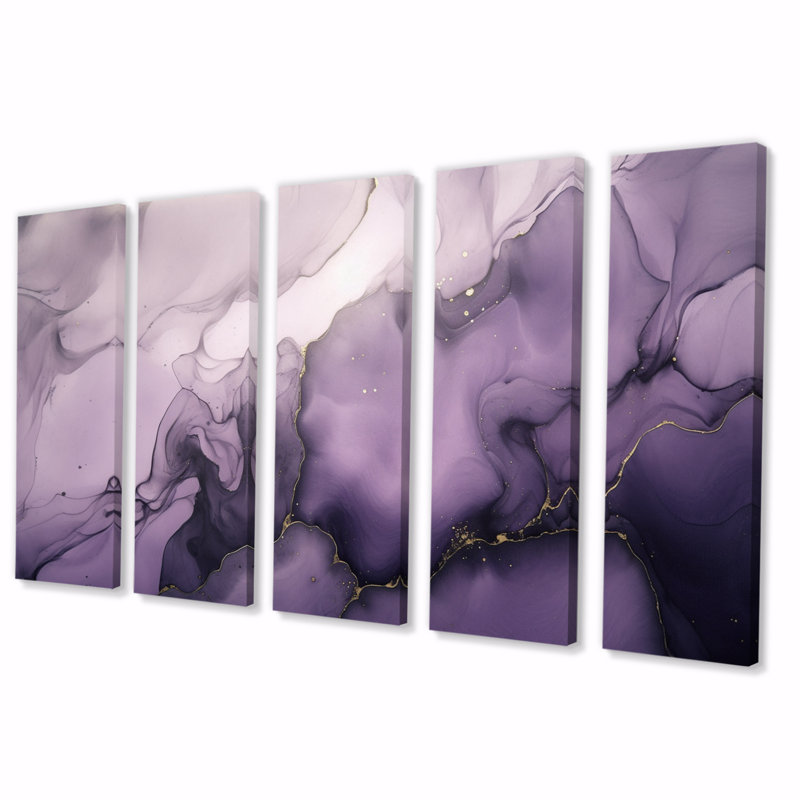 «Mauve», encre de marbre, nuages X, art mural sur toile, fractales, 5 panneaux égaux