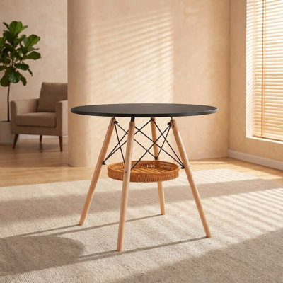 Table de salle à manger ronde scandinave noire de 31,5 pouces avec panier suspendu et pieds en bois naturel