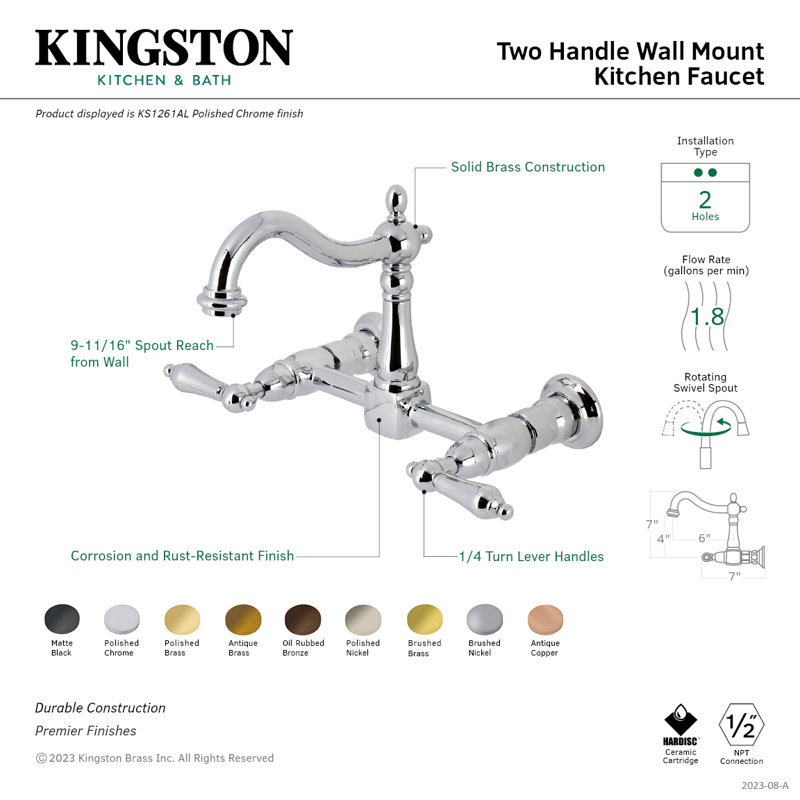 Kingston Brass Heritage Double-Handle 2-Hole Wall-Mount Bridge Kitchen Faucet, Oil Rubbed Bronze