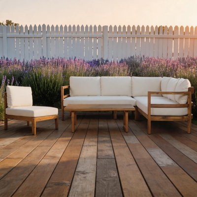 Ensemble de mobilier de patio extérieur en bois d'acacia 5 places, ensemble de conversation modulaire rembourré résistant à l'eau de 6 pouces
