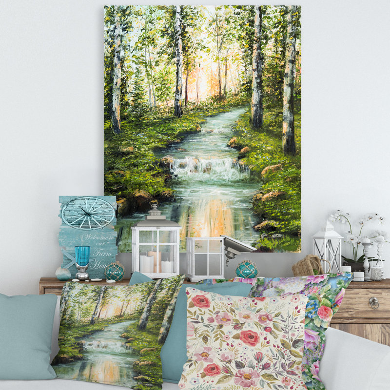 Rivière à travers forêt de bouleaux - reproduction d'art sur toile tendue, H 20 po x l 12 po x P 1po