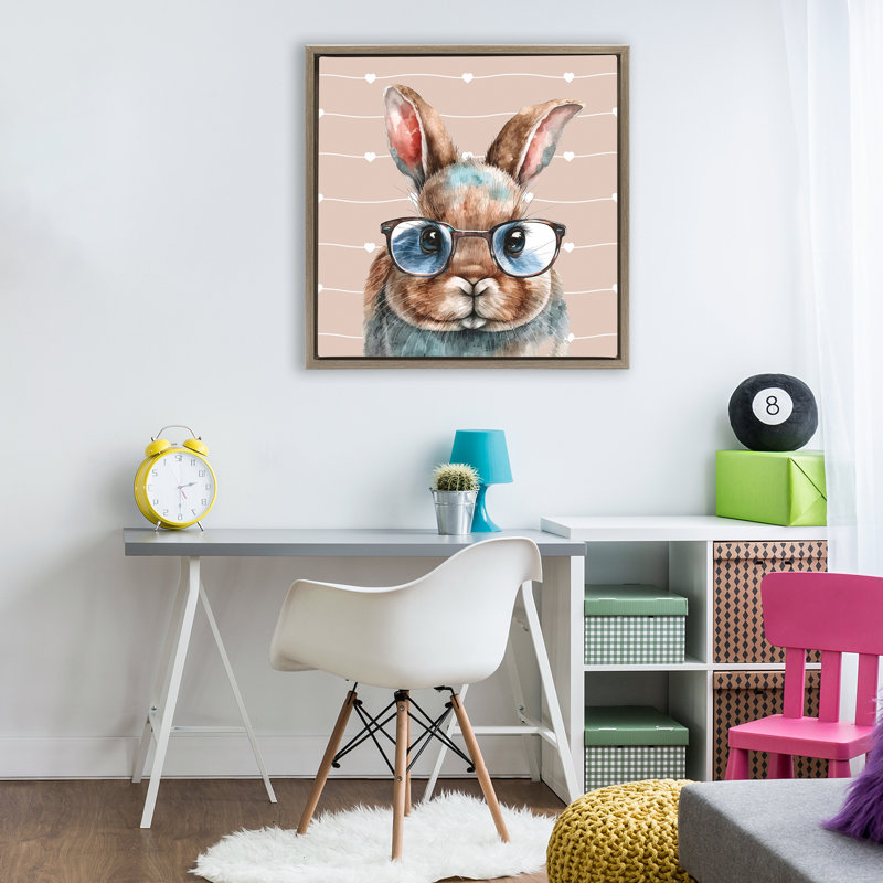 Buster Rabbit avec cadre flottant Specs, design par Yvonne Coleman Burney, H 25 po x l 25 po, Cadre flottant orme Montalcino