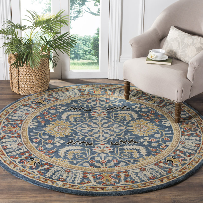 Armintha Oriental Wool Dark Blue Area Rug, Round 8'