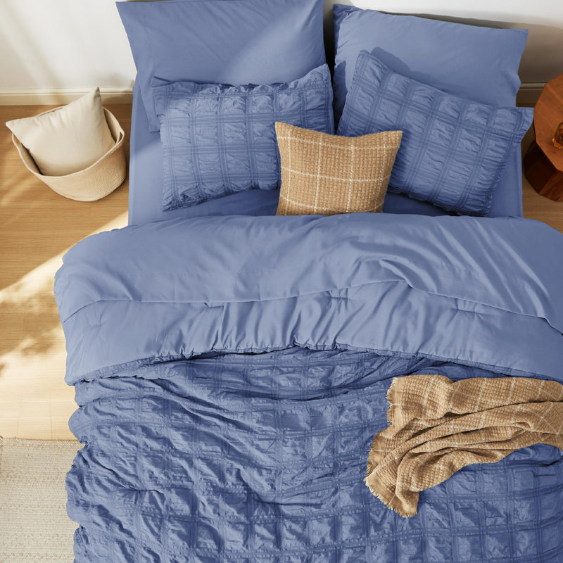 Bedsure Bed in a Bag Twin - 5 Pieces Plaid Seersucker Bedding Comforter Sets, Soft Lightweight Mineral Blue Boho Bed Set with Comforters Twin Size, Sheets, Pillowcase & Sham