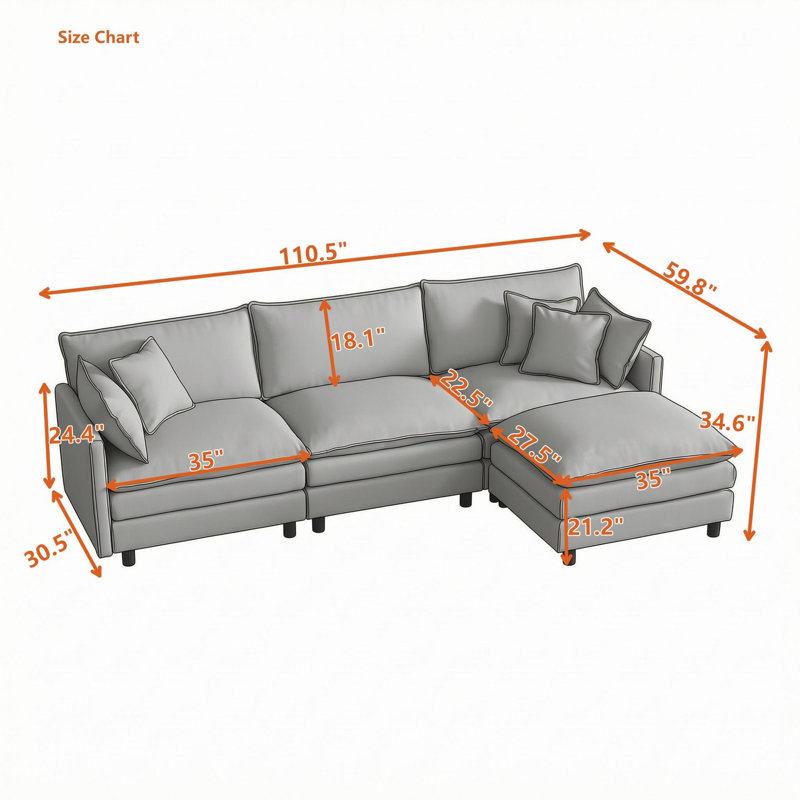 Canapé modulaire en L modulaire avec repose-pieds mobile, Café