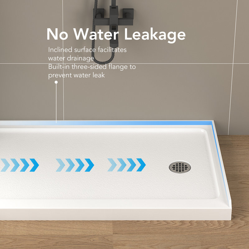 60 in. L x 32 in. W Single Threshold Shower Base Pan With Non-Slip Textured Surface, White Acrylic Shower Base for Bathroom with Drain, White