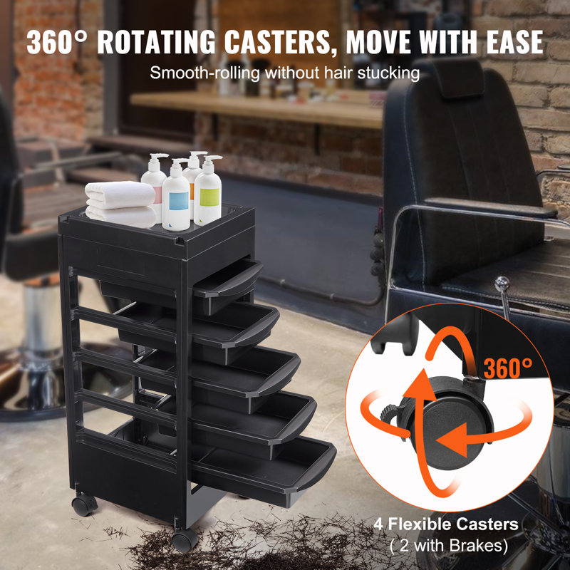 Black Plastic Salon Rolling Cart with 5 Removable Drawers