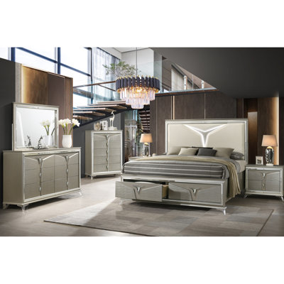 Queen Size Bed With Glowing Led Head Decoration And Convenient Storage Solutions Stylish Headboard Functional