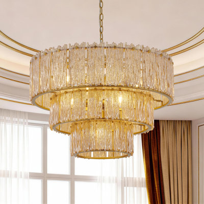 8-light 3 Tiered Amber Textured Glass Chandelier