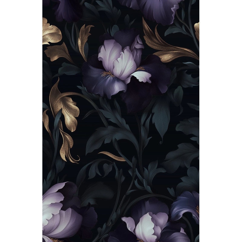Papier peint iris foncé foncé et feuilles d'or | Œuvre d'art botanique dramatique
