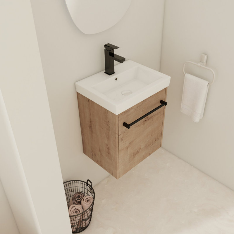 Meuble-lavabo flottant mural avec lavabo en céramique, Brun