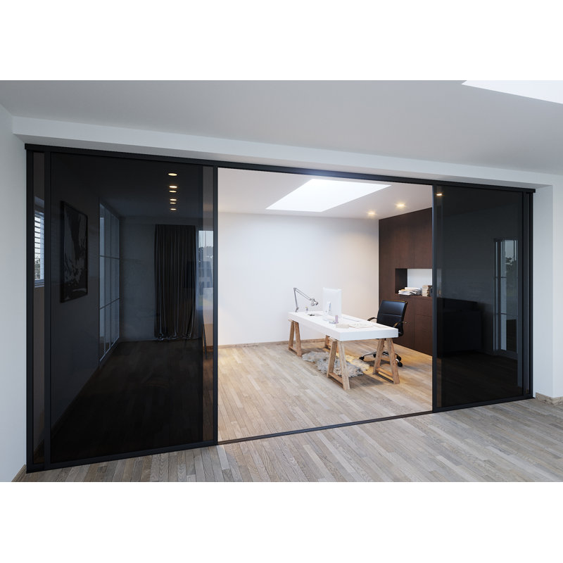 Cloison 3 panneaux coulissants en verre fumé avec structure en aluminium Silent Glide, Noir, 108 po x 80 po