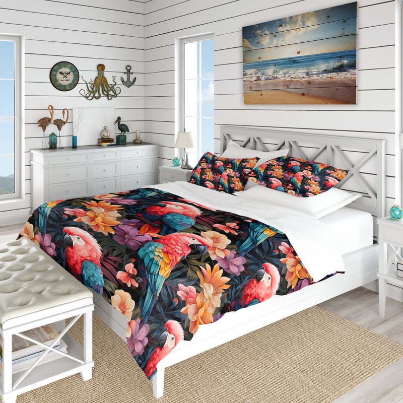 Parrot Haven Tropical Pattern Floral Duvet Cover, King Duvet Cover + 2 King Shams