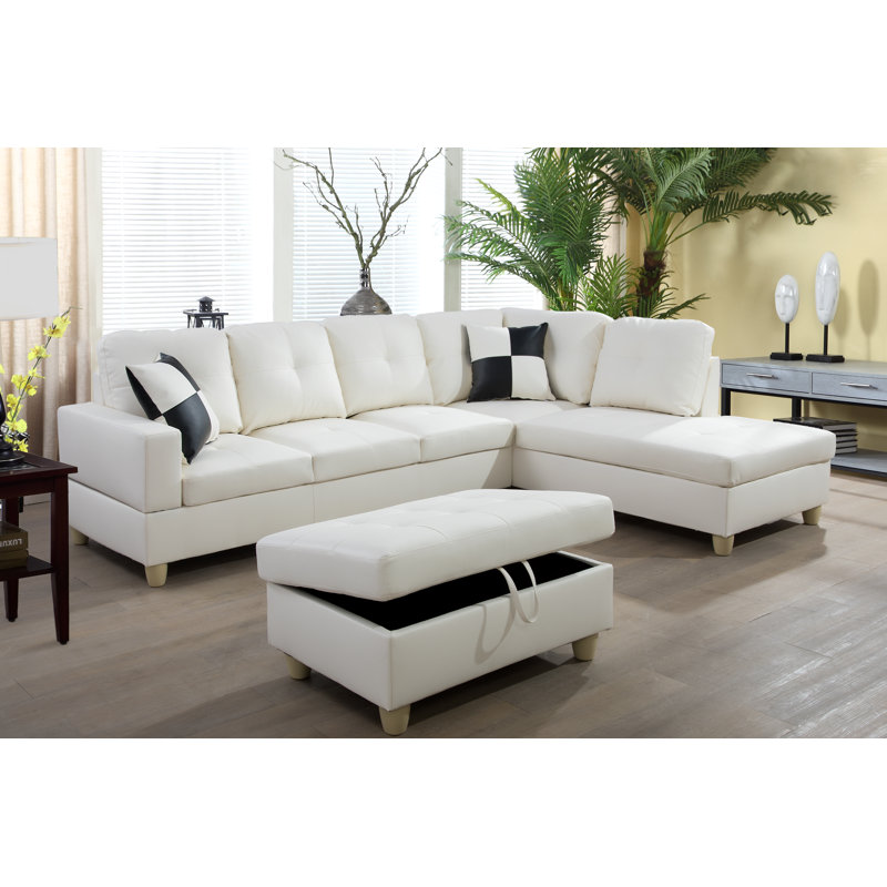 Brevard Faux Leather L-Shaped Sectional, Right Hand Facing, White
