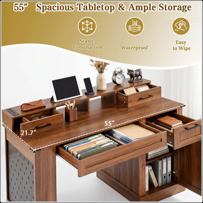 55 Inch Farmhouse Office Desk with Storage, Charging Station, Barn Door Design, Keyboard Tray, and Monitor Stand for Home Office