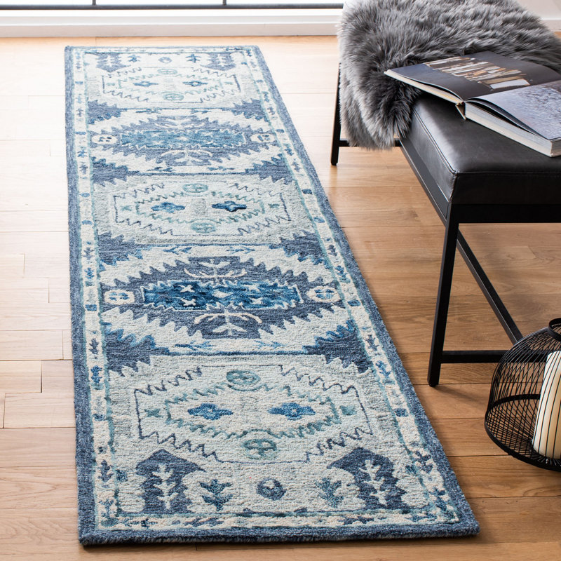 Tapis bleu / gris en laine touffeté à la main Lanagan, Tapis de couloir 2 pi 3 po x 9 pi