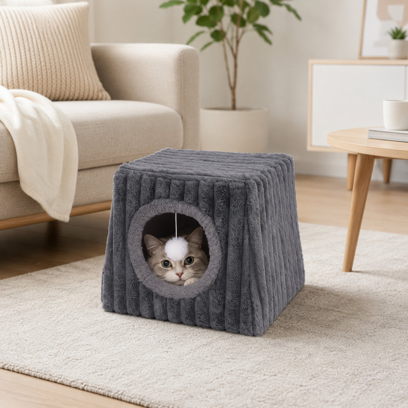 Maison de chat confortable semi-fermée avec coussin lavable, lit de chat intérieur chaud pour les petits animaux de compagnie