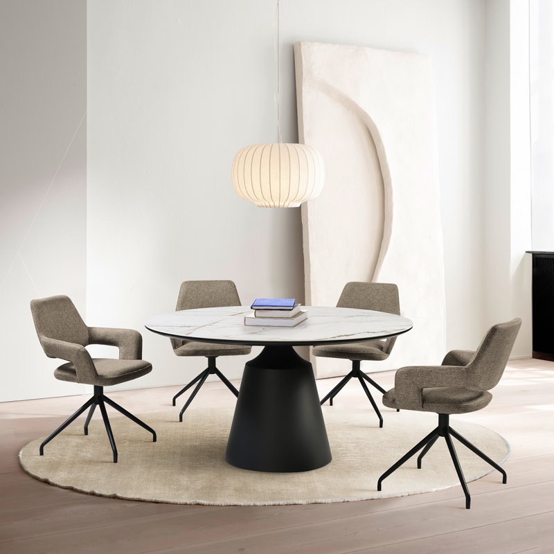 Gwendel Swivel Modern Dining Chairs with Arms in Fabric Upholstery and Black Metal Legs, Brown