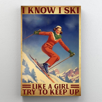 Girl - I Know I Ski Gallery, toile tendue - Illustration de motif sportif, décoration bleue et rouge