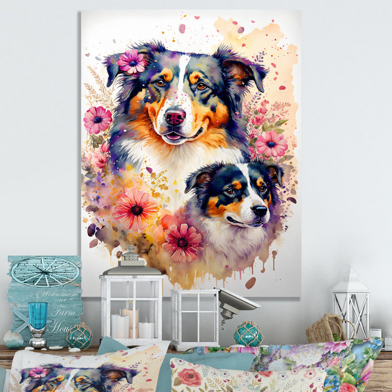 Mignon berger australien, art floral I - décoration murale moderne en métal, H 32 po x l 16 po x P 1 po