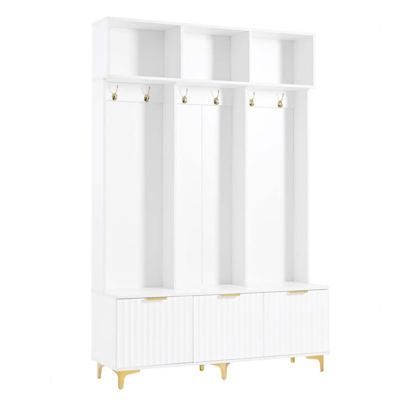 Grand portemanteau moderne avec banc, banc de rangement multifonctionnel avec portes cannelées ultrabrillantes, portemanteau luxueux avec 6 crochets et pieds dorés pour le vestibule et le salon