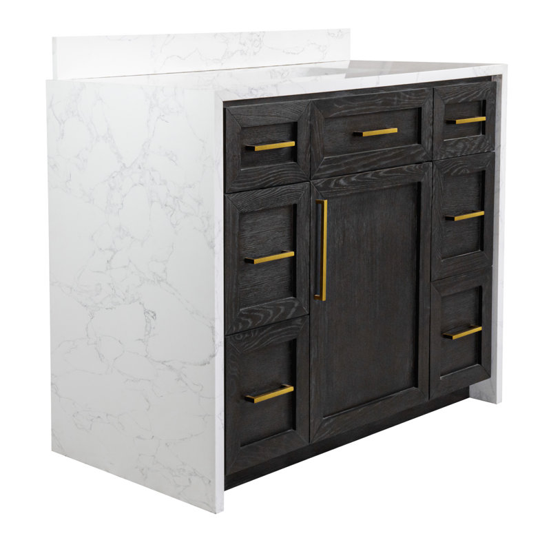 Akalya 42'' Waterfall Bathroom Vanity with Engineered Stone Vanity Top, Dark Oak/White