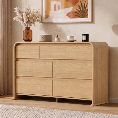 Commode 7 tiroirs de 40 cm de large pour chambre à coucher, en bois, avec 3 petits tiroirs supérieurs et 4 grands tiroirs, meuble de rangement moderne avec large plateau, conception anti-basculement et glissières métalliques — Naturel