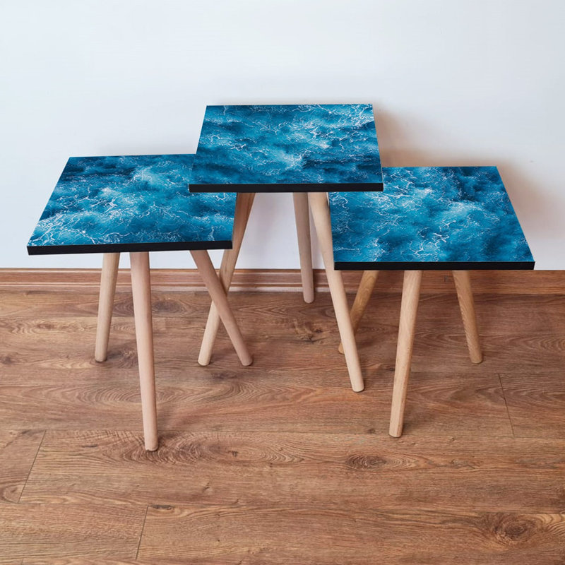 Elegant 3-Piece Nesting Table Set, Blue & White Abstract Marble Design, 100% MDF with Beech Wood Legs | Larger Table: 13.8 x 20.5 x 13.8 in, Medium: 13.8 x 18.5 x 13.8 in, Small: 13.8 x 16.5 x 13.8 in | Stylish & Versatile for Living Room & Home Décor