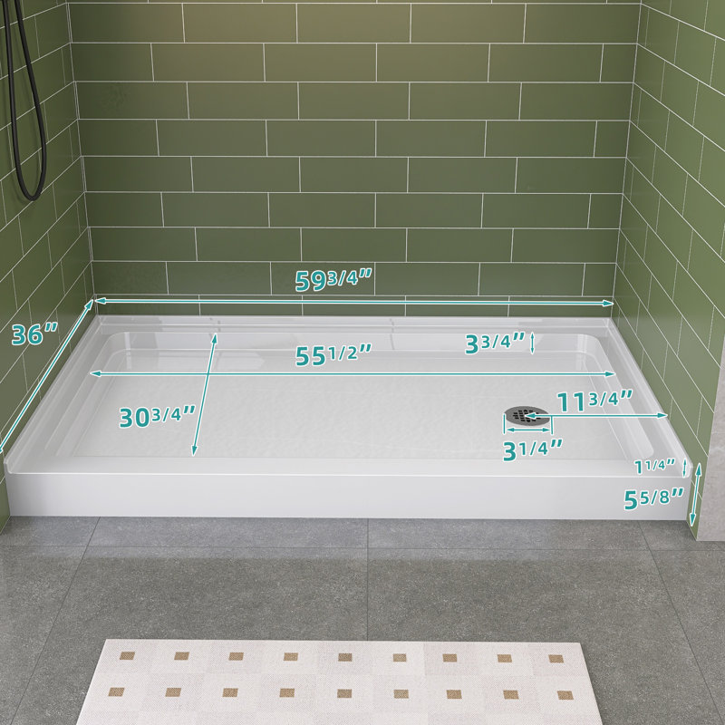 60'' W x 36'' D Acrylic Rectangular Shower Base Pan Single Threshold Shower Tray in White with Non-slip Design, Right