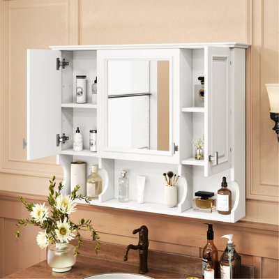 Armoire à miroir murale 35 po x 28 po, 3 portes, tablettes réglables, réflexion claire, armoire à pharmacie 28 po pour la salle de bain et la chambre à coucher, rangement caché, panneau imperméable, organisation à domicile