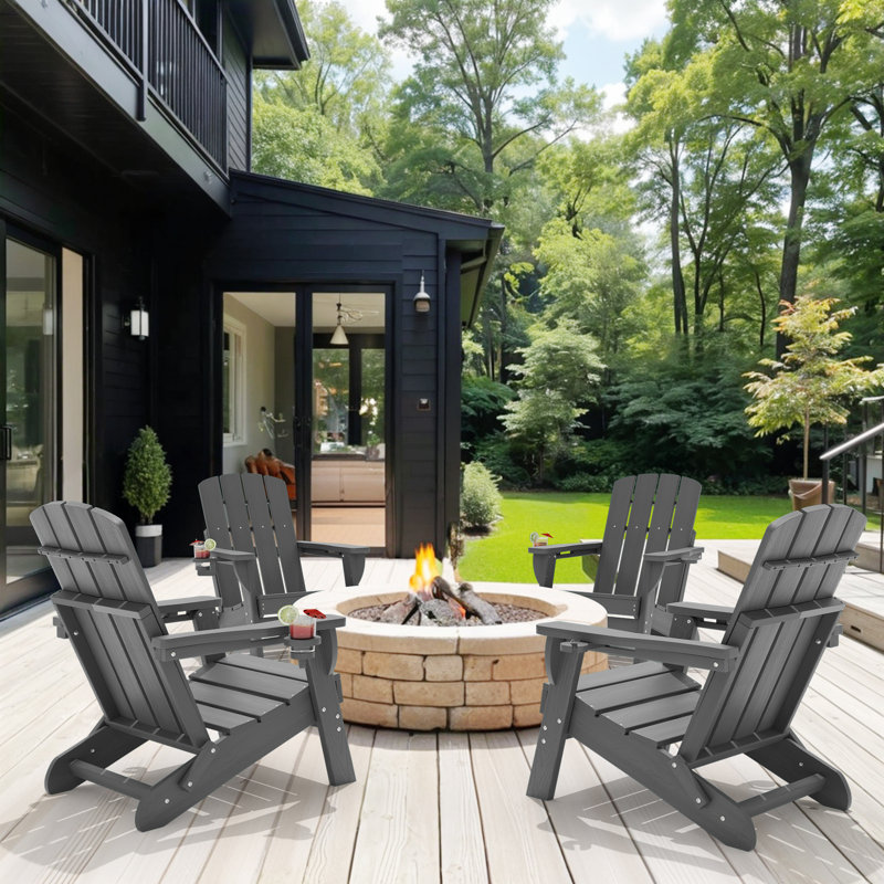 Haider Folding Adirondack Chairs Weather-Resistant HDPE Outdoor Firepit Chairs With Cup Holder, Gray
