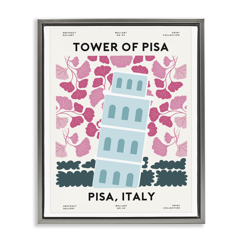 Cadre flottant pastel Groovy Tower of Pisa, design par Omar Escalante, H 21 po x l 17 po, Cadre flottant gris lustré