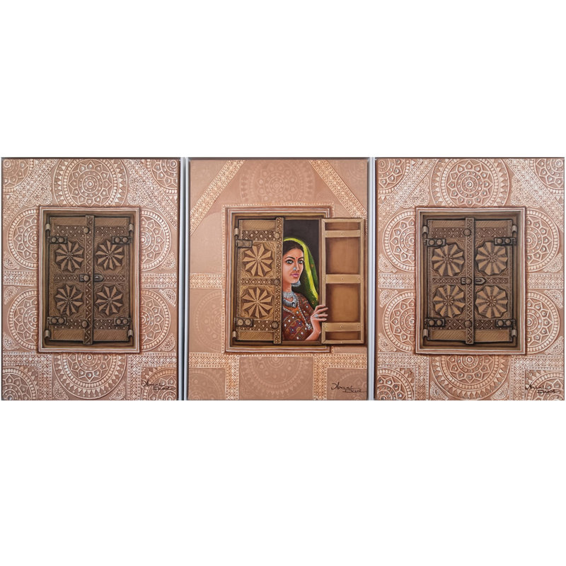 Vue d'attente (ensemble de 3) | Huile et technique mixte sur toile | Par Avani Mayank Desai | Cadre en bois