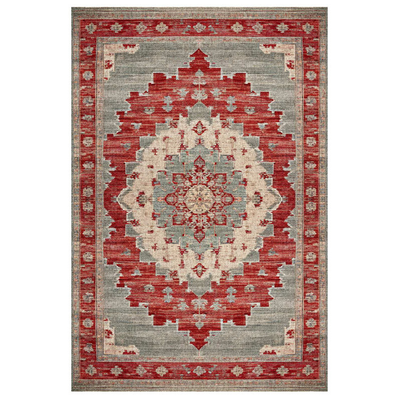 Notto Red Oriental Machine Printed Cotton Polyester Area Rug, Square 4'