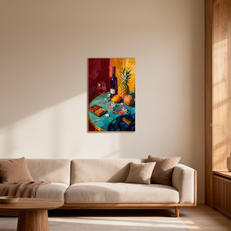 Mode nature morte avec vin et fruits, H 18 po x l 12 po