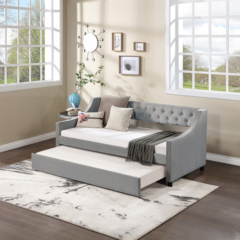 Miaja Daybed, Daybed, Upholstered Bed with Trundle, Grey, Full/Double