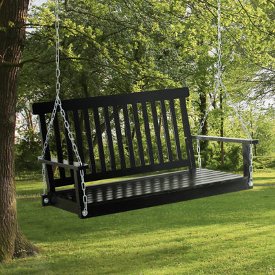 Black Porch Swing Chair, 2 Hanging Patio Chair With 440Lbs Load Capacity, Slatted Seat For Outdoor Leisure Swing, Back Comfort
