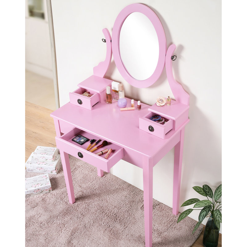 Stylish Pink Makeup Vanity Table - 3 Storage Drawers, Adjustable Mirror, Wooden, Spark Elegant With Drawers Wooden Stool, Color