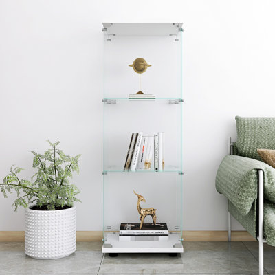 Vitrine à 3 tablettes en verre blanc avec une porte - Bibliothèque sur pied pour le salon, la chambre à coucher, le bureau, l'installation rapide, la chambre à coucher